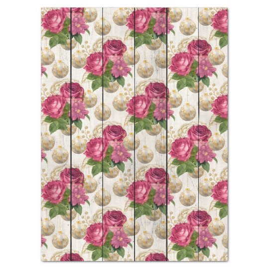 Pink Rose Christmas Ornaments on Wood Decoupage Tissue Paper